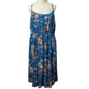 Torrid Blue Floral Midi Chiffon Pleated Dress Sleeveless Boho Plus Size 2 USED